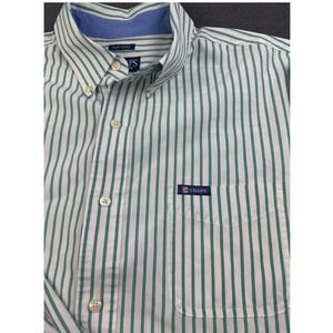 Chaps Mens Striped Button Up Shirt‎ XL Long Sleeve Green White Cotton Blend